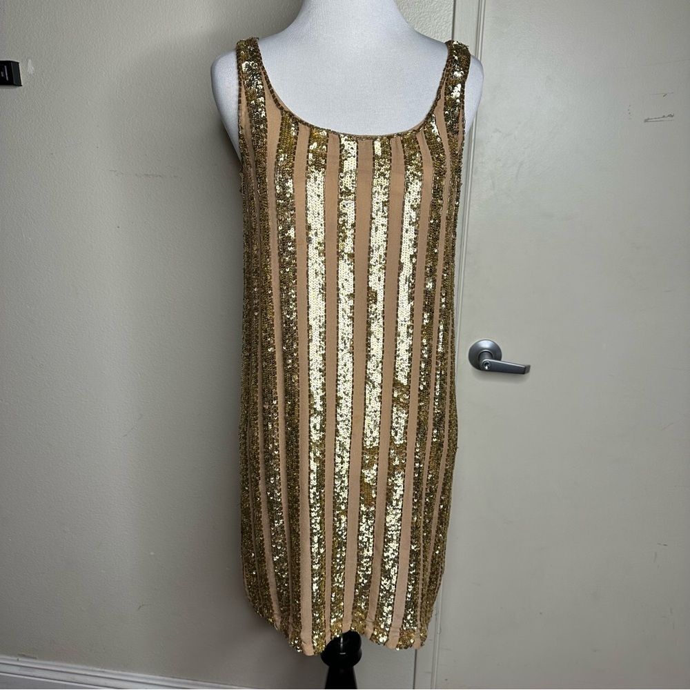 Haute hippie gold 100% silk sequin shift dress size small